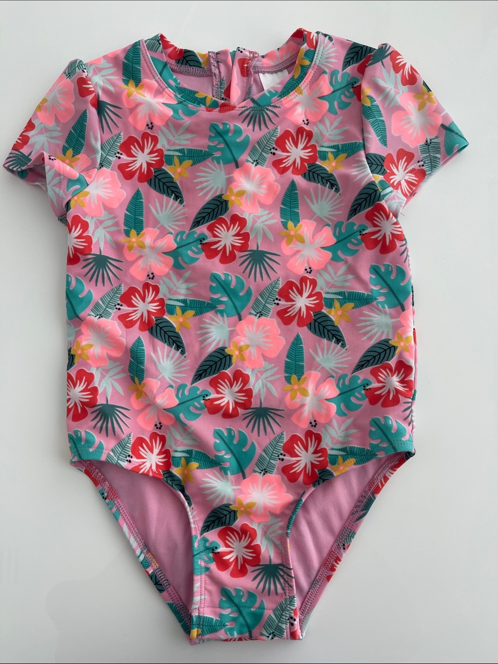 Cat & Jack Pink Tropical Floral Short-Sleeve One-Piece Swimsuit